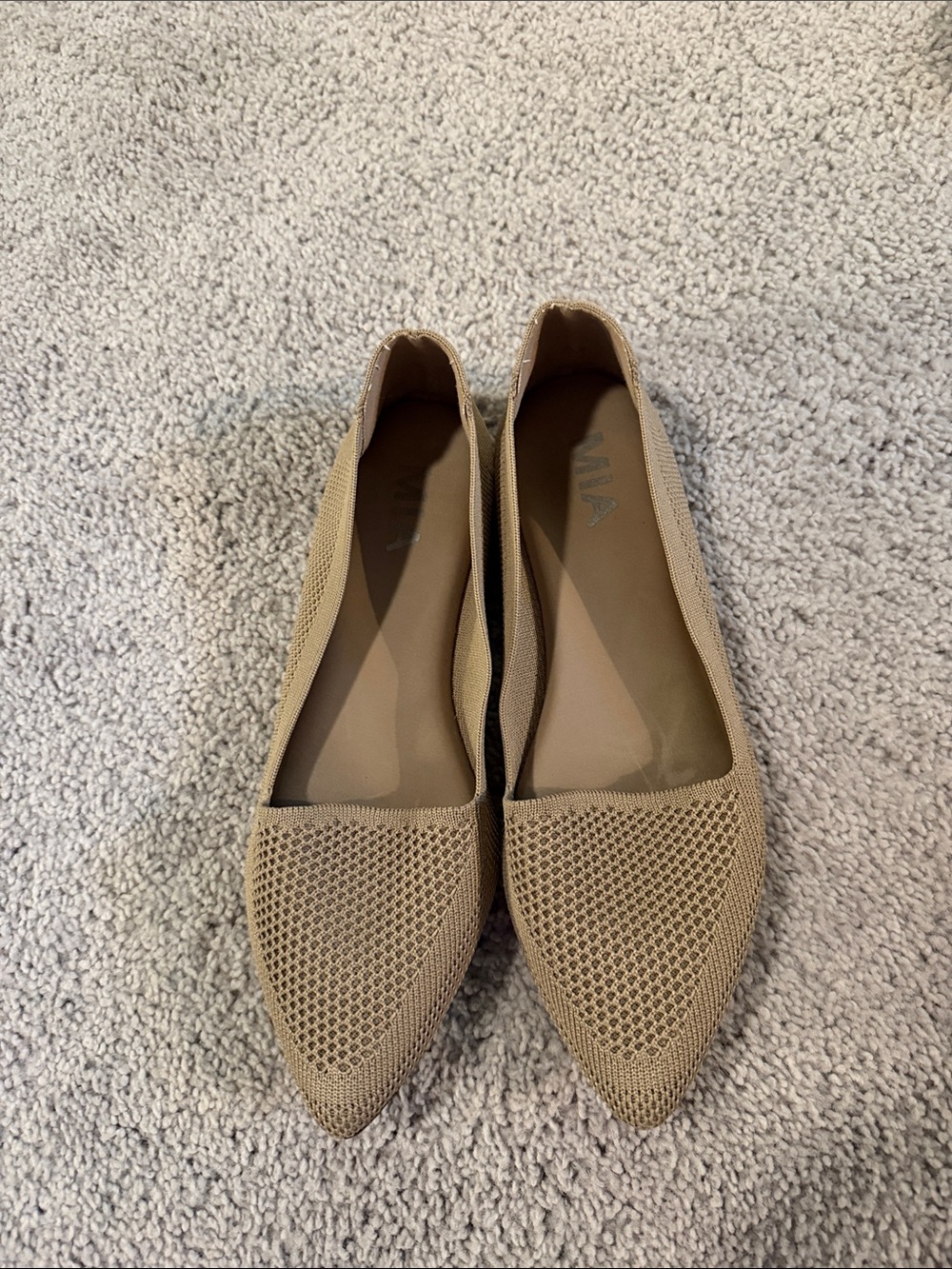 MIA Pointed Knit Slip-On Flats in Tan